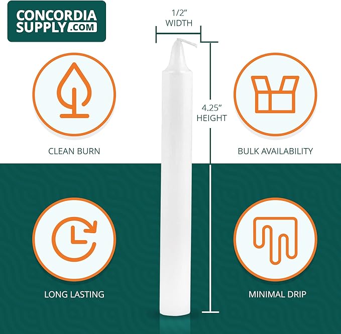 Concordia Supply Church Candles for Candlelight Service Vigil - 4.25" x 1/2" Bulk White Candles for Memorial, Congregational, Shabbat, Wedding, Communion, Baptism & Christmas Ceremonies - Box of 250