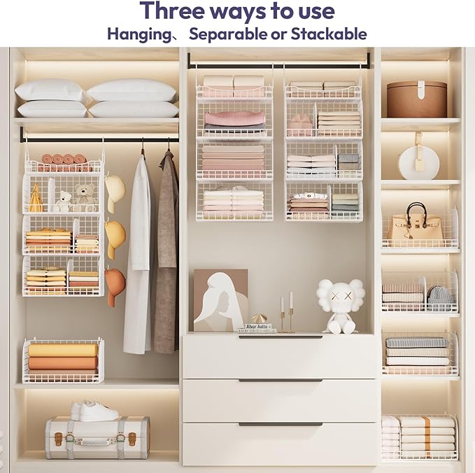 SWTYMIKI Hanging Closet Organizer Storage - 4 Tier Metal Stackable Hanging Closet Shelves with Dividers and S Hooks, Foldable Clothes Shelves for Clothes, Pants, Shoes, Coat, Hats Clutches Accessories