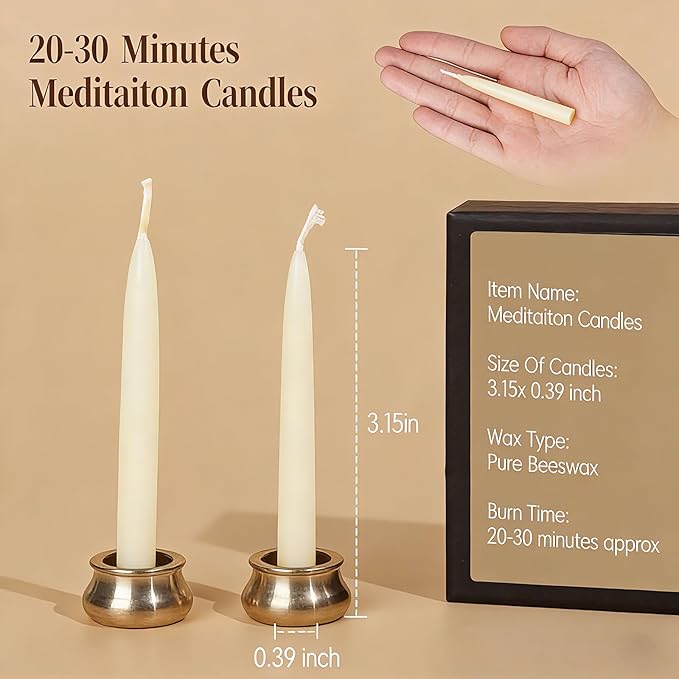 70Pcs Meditation Candles 30 Minute Beeswax Candles, Mini White Beeswax Taper Candles with Brass Candle Holders, Prayer Candle for Yoga Bible Mindfulness Relaxation Spa