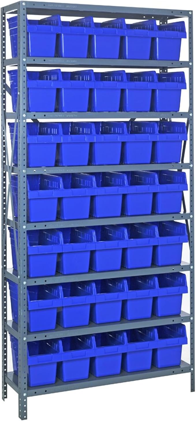 Quantum Storage Systems 1275-SB802BL Solid Heavy Duty 8 Shelves 35 STORE-MAX Blue Bins 75" H x 36" W x 12" D