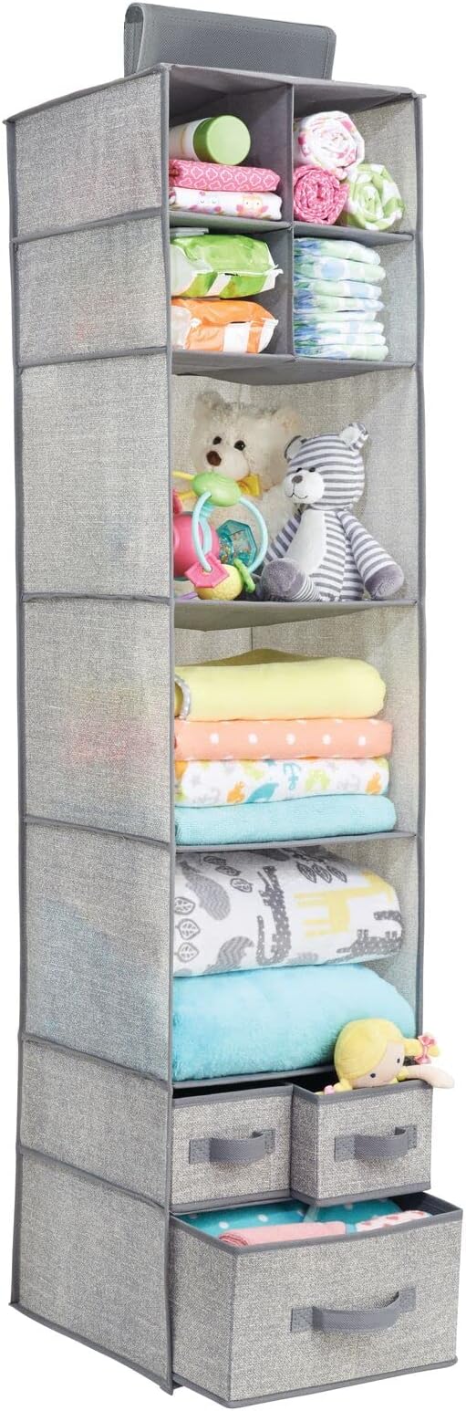 mDesign Fabric Hanging Organizer - Over Closet Rod Storage - 7 Shelves/3 Removable Drawers for Baby Nursery Bedroom Organization - Hold Clothes, Linens, Toys, Accessories - Lido Collection - Gray
