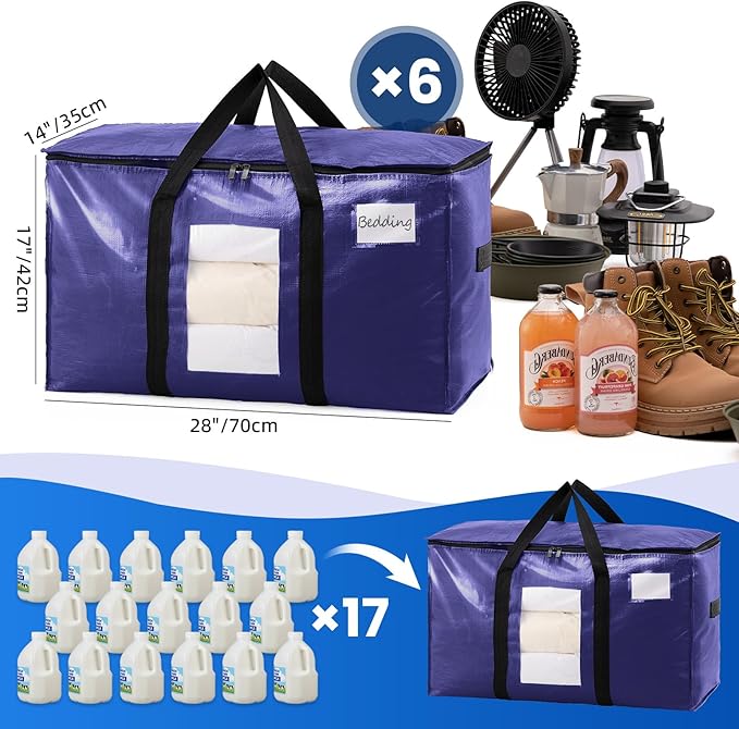 TAILI 6 Pack Dark Blue Extra Large Storage Bags, Heavy Duty Totes with Visible Window, Wrap Around Handles, Perfect for Moving