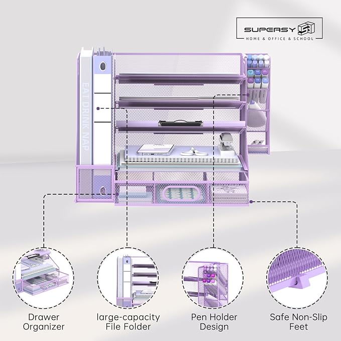 SUPEASY Desk Organizer with File Holder, 5-Tier Mesh Paper Letter Tray Organizer with Pen Holder and Drawer, Desktop Organizer and Storage with 3 Tilted File Sorter for Office Supplies, Purple