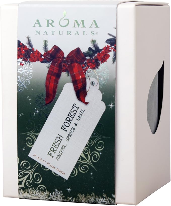 Aroma Naturals Holiday Juniper, Spruce and Basil Essential Oil Pillar Candle, Fresh Forest, 3 inch x 3.5 inch