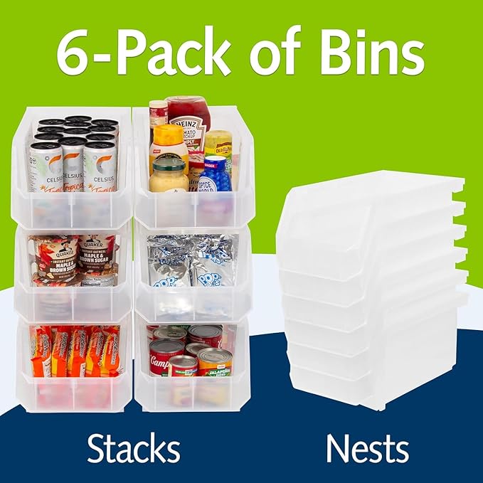 Large Plastic Storage Bins, Stackable Organizer Containers for Closet Pantry Shelf Garage and Office Organization, Clear, 6 Pack