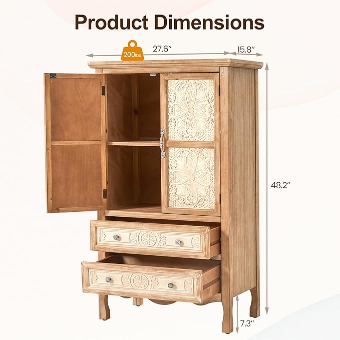 RoyalCraft 48" Tall Accent Cabinet with 2 Carved Doors and 2 Drawers，Vintage Wood Cabinet with Storage, French Country Sideboard Buffet for Small Spaces, Dining Room, Living Room & Hallway