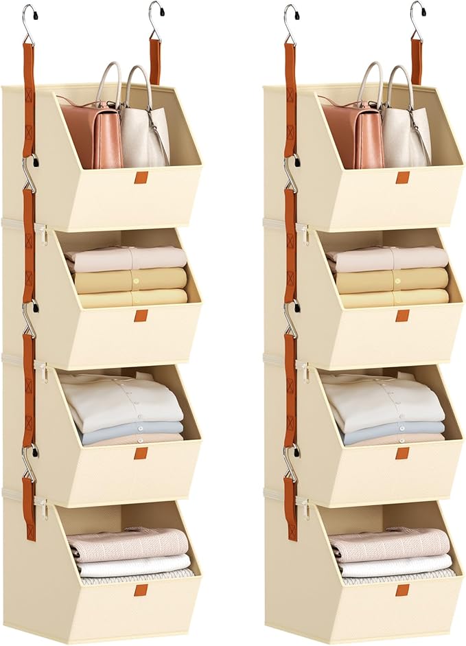 Hanging Closet Organizer 4 Tier - Clothes Hanging Shelves, Space-Saving Closet System, Fabric Storage Bins Bedroom Organization, Collapsible Baskets for Home, Dorm, Rv, Beige, 8 Pack