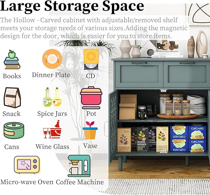 vistavie Green 2 Doors 2 Drawers Buffet Sideboard Cabinet - Accent Cabinet with Adjustable Shelves，31.5 Inch Wide Wood Storage Cabinets for Dining Room,Study Room and Kitchen
