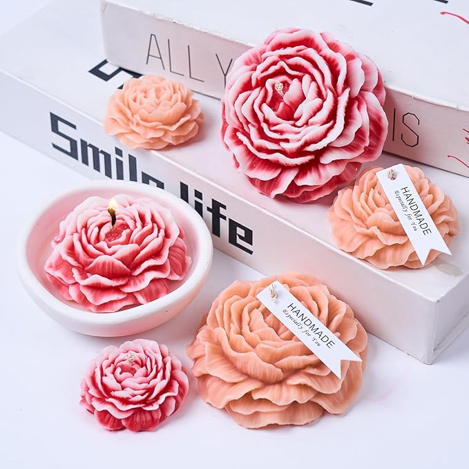 Peony Candle Making Kit with Candle Wicks Flower Silicone Mold for Candle Making Molds Set of Large + Medium + Small + 3 Cavities Peony Silicone Candle Mold Flower Wax Mold Soap Mould