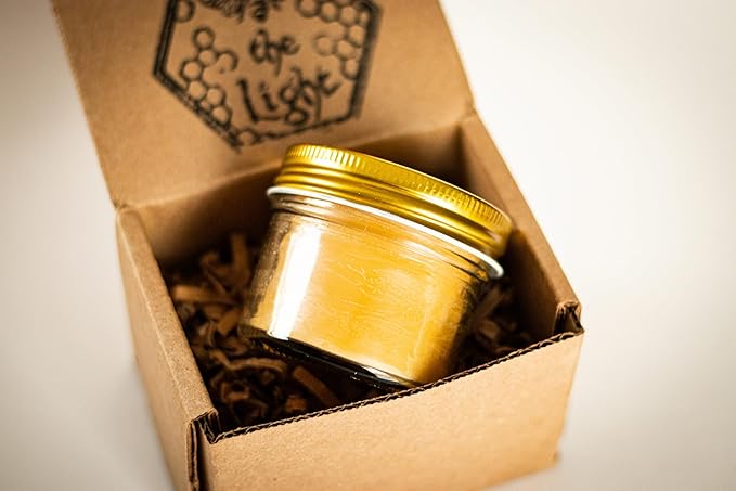 BeeTheLight Beeswax Jar Candle - 100% Pure USA Bees Wax in Glass Container with Cork Lid - Unscented - All Natural Light Honey Scent (4 oz w/Gold Lid, Unscented)