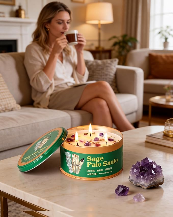 AOOVOO Sage & Palo Santo Candle for Cleansing - 3 Wick 12oz Large Scented Candle with Amethyst Crystals, Sage & Palo Santo Inside, Non-Toxic Soy Candle for Meditation Spiritual Healing Gift