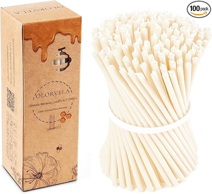 Pure Beeswax Candles, 7.3" Decorative Thin Taper Candles,Honey Scented, Dripless, Smokeless, 40min Burn Time for Birthday, Dinner, Prayer, Church, Hanukkah, Christmas (White, 100 pcs)