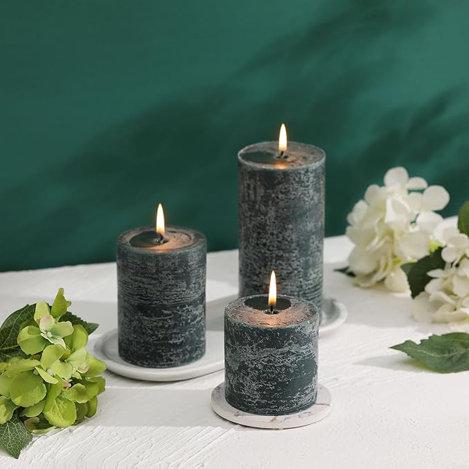 3x3 Inch Dark Green Pillar Candles Set of 3 - Hand-Poured Unscented Candles, Long Clean Burning, Dusty Sage Candle, Smokeless Dripless Candle for Dinner Table, Wedding, Home, Rustic Decor