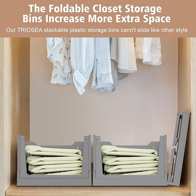 Stackable Storage Bins, Foldable Closet Organizers and Storage Bins Box, Plastic Shelves Drawer Organizer Container for Closet Office Bedroom Kitchen Bathroom with Wheels, Grey, 3 Pack
