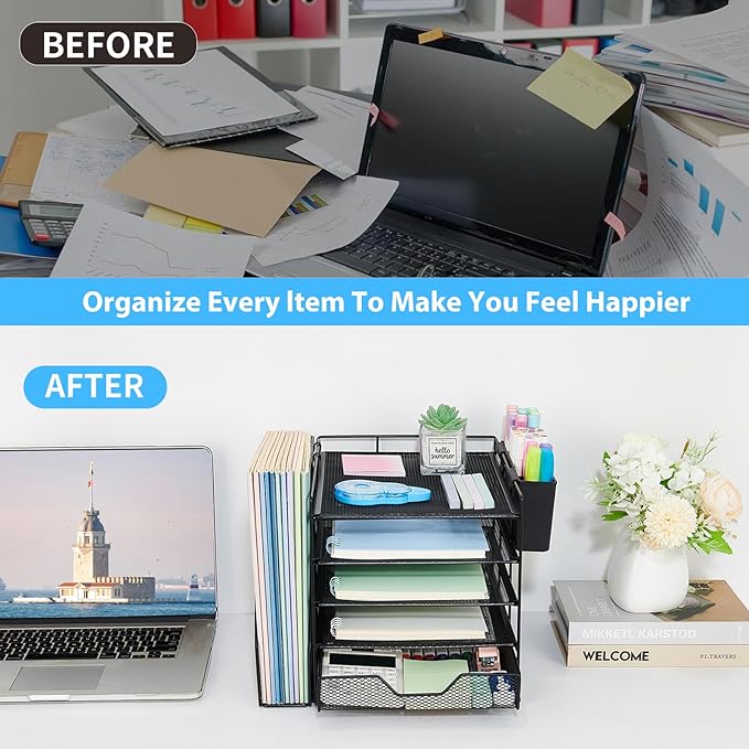 Desk Organizer, 5-Tier Paper Letter Tray Organizer with File Holder, Drawer and Pen Holder, Desktop Organizer for Office Supplies, Black