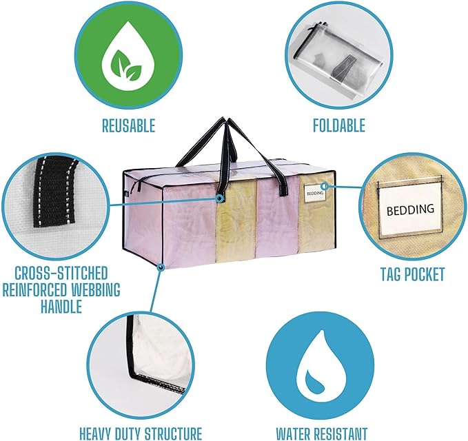 VENO 10 Pack Heavy Duty Moving Bags, Christmas Storage Bins with Lids, Clear Design, Alternative to Moving Boxes, Storage Bags for Clothes, Blankets, Comforters, Pillows, Camping (Clear, 10 Pack)