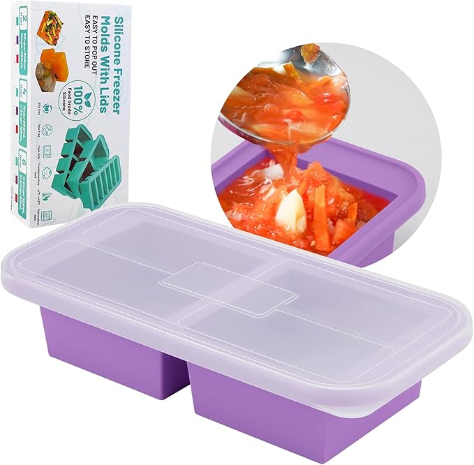 SHIKORI Silicone Freezer Molds With Lids, Easy Meal Prep Container and Kitchen Storage Solution, Silicone Molds for Food, Soup, Smoothie Storage and More (Purple-2 Cup)