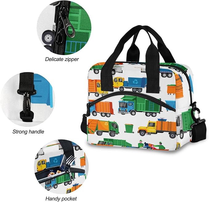 CBBYY Garbage Truck Lunch Bags for Women Men, Reusable Insulated Lunch Box, Adjustable Shoulder Straps Tote Lunch Bag for Work Picnic School