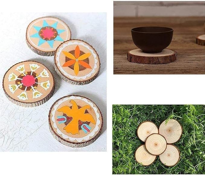 Natural Wood Slices 25Pcs 3.1-3.5 Inches Unfinished Wood Craft Kit Undrilled Wooden Circles Without Hole Tree Slice with Bark for Arts Painting Christmas Ornaments DIY Crafts