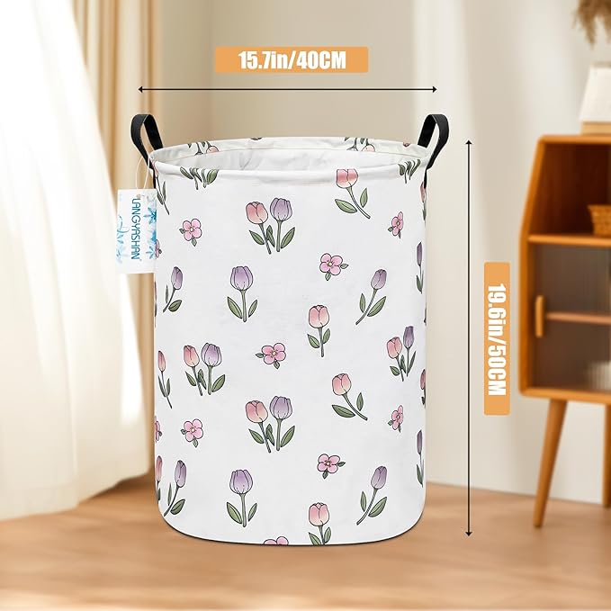 LANGYASHAN Laundry Basket Canvas Fabric Collapsible Organizer Basket for Storage Bin Toy Bins Gift Baskets Bedroom Clothes Children Nursery Hamper (Tulip)