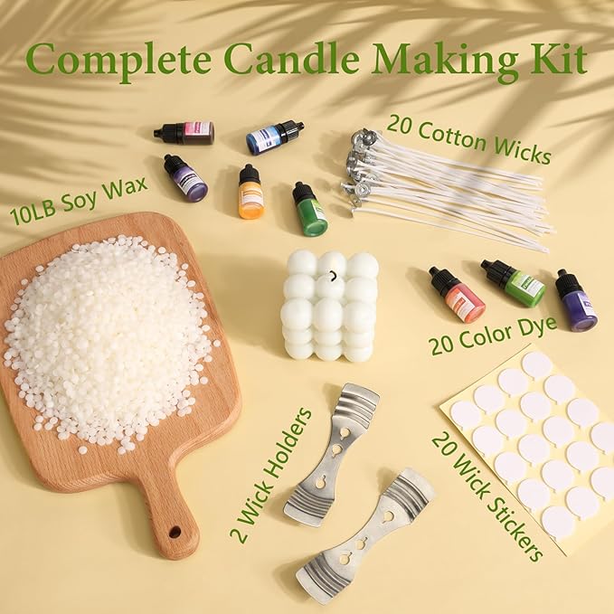 SAEUYVB Soy Wax for Candle Making,10 lbs Natural Soy Wax Pellets with 20 Color Liquid Dye,20 Cotton Wicks,Complete Candle Making Supplies for Adults- Ideal for Home Decoration & DIY Gifts