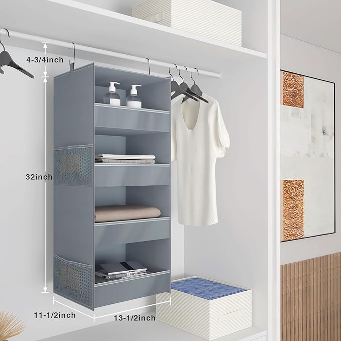 4-Shelf Hanging Closet Organizer and Storage Foldable Hanging Closet Shelves Front Lip Design Washable Hanging Storage, Gray