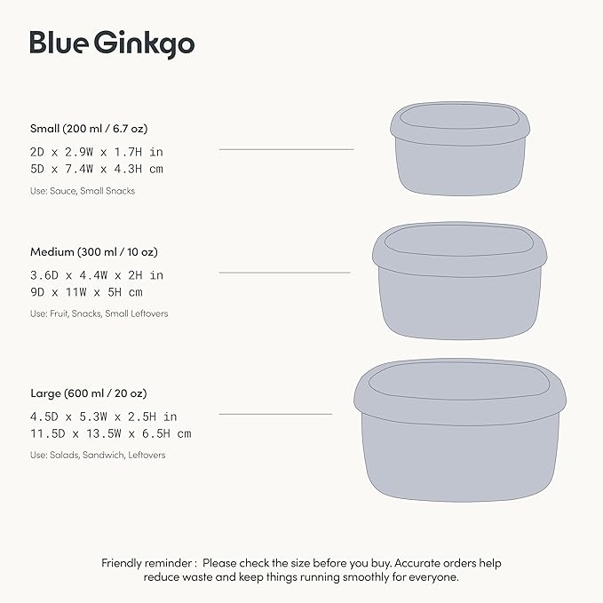 BLUE GINKGO Nesting Silicone Containers - Set of 3 Hard-Shell Silicone Food Storage Containers | BPA Free, Airtight, Dishwasher and Freezer Safe (6.7oz, 10oz, 20oz) - Grey
