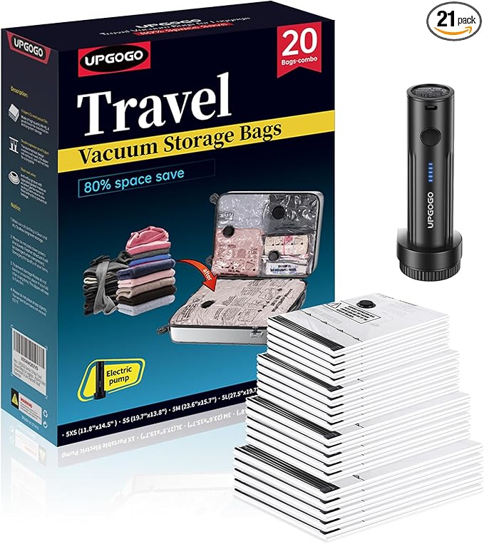 UPGOGO Travel Vacuum Bags for Luggage with Portable Electric Pump,Vacuum Seal Bags for Clothing,Packing Cubes Compression,Cruise Ship and Travel Essentials(Combo 20 Pack)