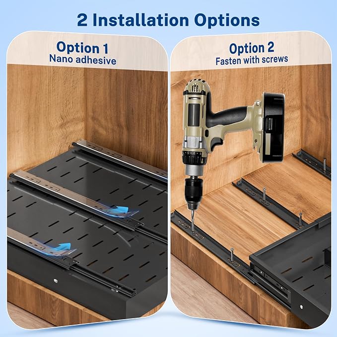 Pull Out Cabinet Organizer Expandable (12.4"-20.08")W & (16.26"-22.44")D, Insputer No Drill Slide Out Drawers with 3 Slide Rail, 2Pcs Magnetic Panel, Adhesive Roll Out Shelf for Kitchen, Pantry Black