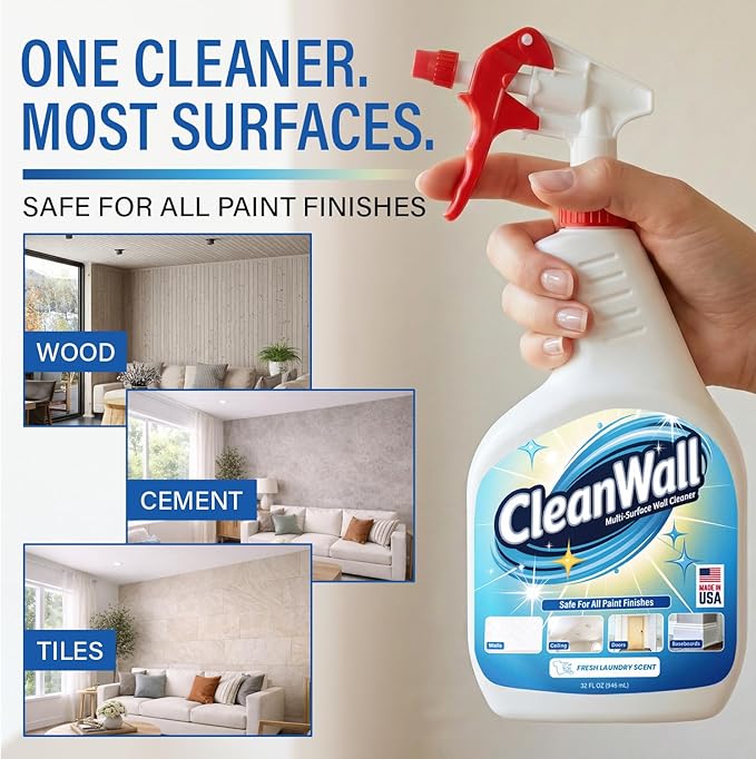 CleanWall Wall, Door & Baseboard Cleaner Spray – 32 oz Multi-Surface Formula Safe for Painted Walls – Made in USA – Family-Friendly – Tackles Everyday Kid Messes like Handprints, Smudges & Crayon