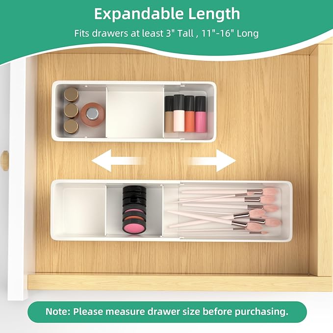 Desk Drawer Organizer Tray, 4 Pack Expandable Drawer Organizer with Dividers Adjustable, Bathroom Organizer Bins for Junk, Office, Makeup, Kitchen Utensil