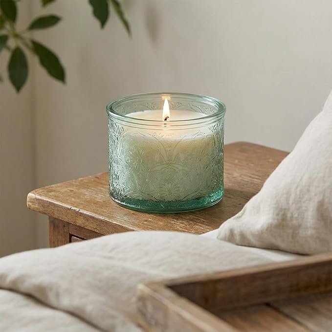 10 oz Embossed Glass Candle Container with Bamboo Lids and Labels,Green Candle Jars for Making Candles,Mandala Design - Pack of 9