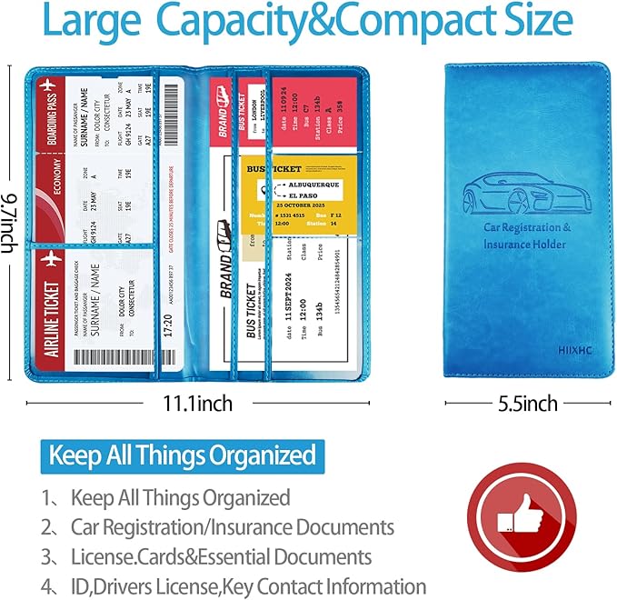 Car Registration and Insurance Card Holder - Leather Vehicle Glove Box Automobile Documents Paperwork Wallet Case Organizer for ID, Driver's License, Key Contact Information Cards - Men&Women