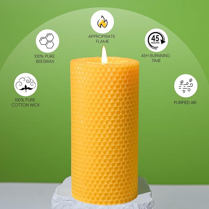 Beeswax Candles - Long Burning, Hand-Rolled White Beeswax Pillar Candles, Handmade Pure Bees Wax Honeycomb Bees Wax Candle for Prayer, Unscented Candles (Yellow, 2.8x6in-2pack)