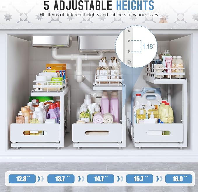 Under Sink Organizer Upgrade To Professional Rails,2-Tier Dual Pull Out Cabinet Storage,Height Adjustable Slide Out Drawers For Bathroom Kitchen,1 Pack-18.5"Dx12.8"-16.9"H,White
