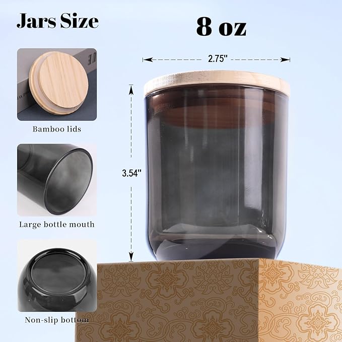 LETINE 12PCS 8oz Smoke Gray Glass Candle Jars with Lids - Perfect for Candle Making, Storage & Gifts