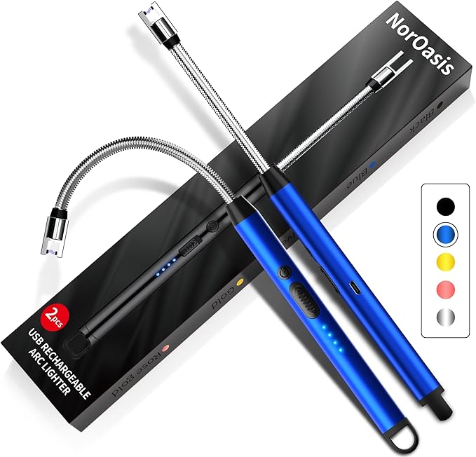 2-Pack Rechargeable Electric Candle Lighters, Flameless Windproof Long Lighter with 360° Flexible Neck and LED Display for Candles, Camping, BBQ & Fireplace (Blue)