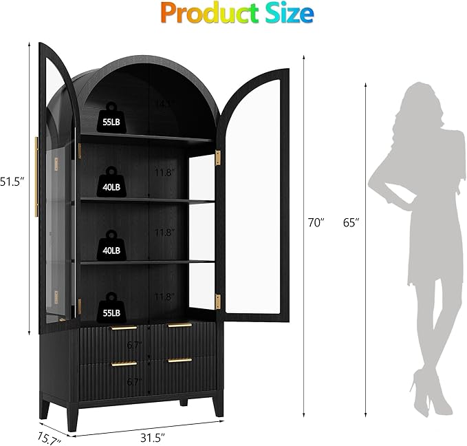 LVSOMT 71" Tall Arched Storage Cabinet with Glass Doors and Drawers, Curio Display Cabinet with Adjustable RGB Light & Human Sensor, 4-Tier China Cabinet for Living Room(Black)