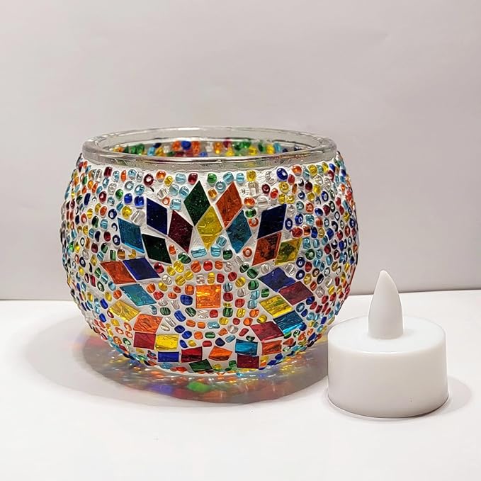 wpdash Handmade Creative Turkish Mosaic Candle Holder Round Glass Multi-Function Art Ornament Festival Atmosphere Decoration Desk Stationery Storage Home Handmade Craft