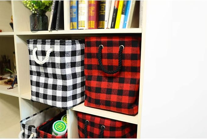 Large Rectangular Decorative Storage Bins Foldable Laundry Hamper Baskets Buffalo Grid Pattern with Rope Handles for Blankets, Toys, Nursery, White Black Grid, L