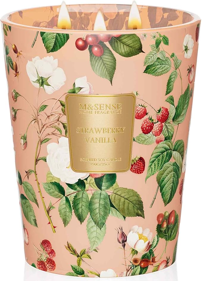 M&SENSE Strawberry Vanilla Soy Large Candles, 3-Wick 35oz 150H Long Lasting, Aromatherapy Candle for Bedroom Romance New Year Gifts