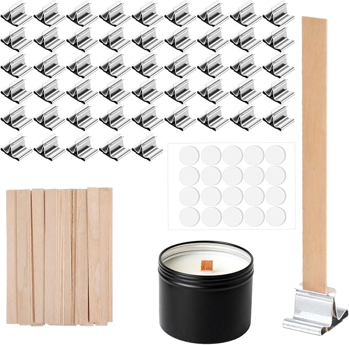 Nogeqi 150pcs Wooden Candle Wick for Candlemaking, Thicked Wooden Wicks Crackling Wood Wick Includes Metal Fasteners, Adhesive Dot for SoyWax, DIY Candle, Paraffin, Beeswax (50 Sets)