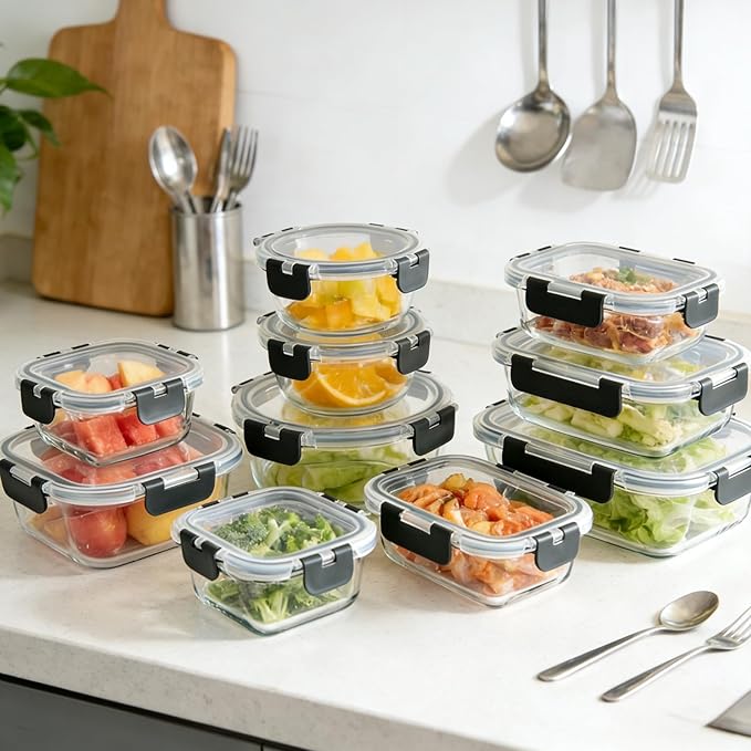 20-Piece Glass Food Storage Containers with Airtight Leakproof Lids - 10 Bowls & 10 Lids, BPA-Free Meal Prep Lunch Containers | Oven, Microwave, Freezer & Dishwasher Safe