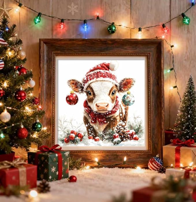 TCDZMYGS Christmas Paint by Numbers Kit for Adults Beginner,Cow Paint by Number Kits with Frame,DIY Acrylic Oil Painting by Numbers for Home Wall Decor 10 x 10 inch