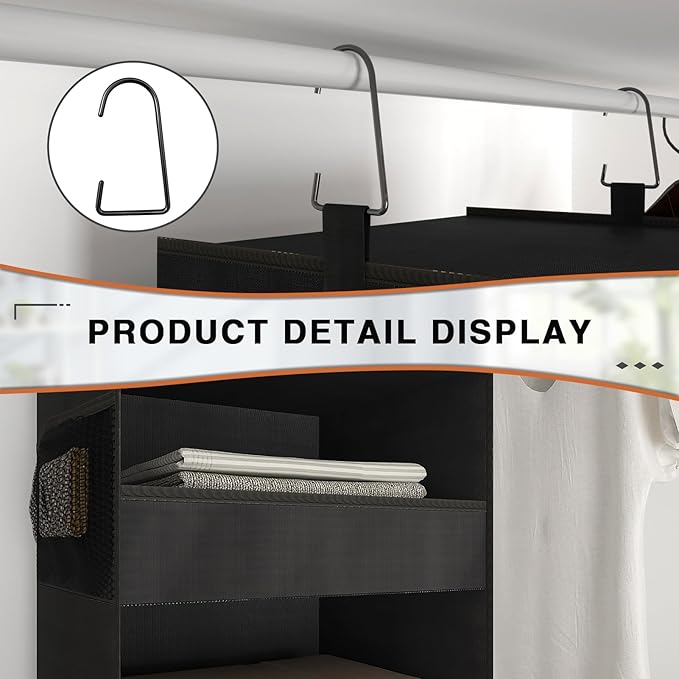 4-Shelf Hanging Closet Organizer and Storage Foldable Hanging Closet Shelves Front Lip Design Washable Hanging Storage, Black