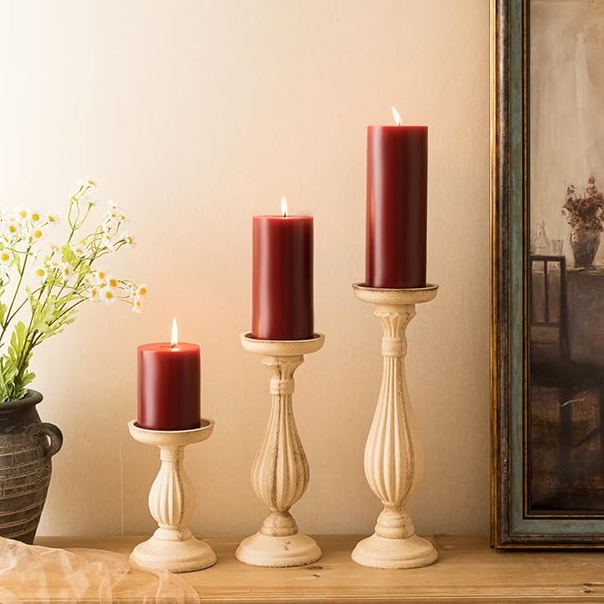 MOZEAL 3" x 6" Hand-Poured Unscented Candle,Dripless Pillar Candle Set of 3,Long Lasting Burning,Approx 120 Hours Burn Time,Rustic Country Style,for Wedding,Dinner,Christmas and Home Decor,Dark Red