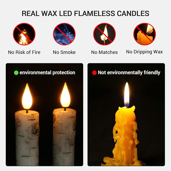 PChero Flameless Taper Candles with Remote Timer, Pack of 3 Birch Bark Real Wax Battery Operated Candlesticks, 9.6 Inches LED Flickering Window Candles for Home Wedding Christmas Decor