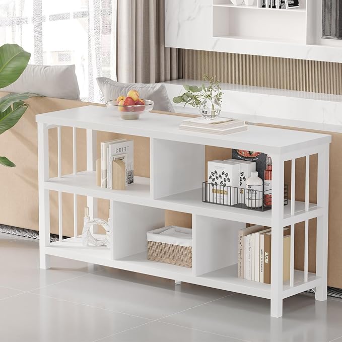 IBF White Wood Bookshelf, Industrial Horizontal Cubby Book Shelf, Low Open Shelf Bookcase for Office Living Room, Modern Short Wide 5 Cube Storage Organizer for Books Display Bedroom, White Oak, 47 In