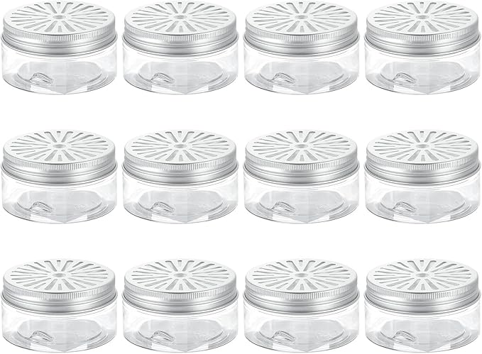 HARFINGTON 12 Pcs Empty Scent Beads Storage Container 3oz/80ml Air Freshener Tins Round Refillable Spice Containers Plastic Jars Sample for Air Freshener Candles Travel Storage
