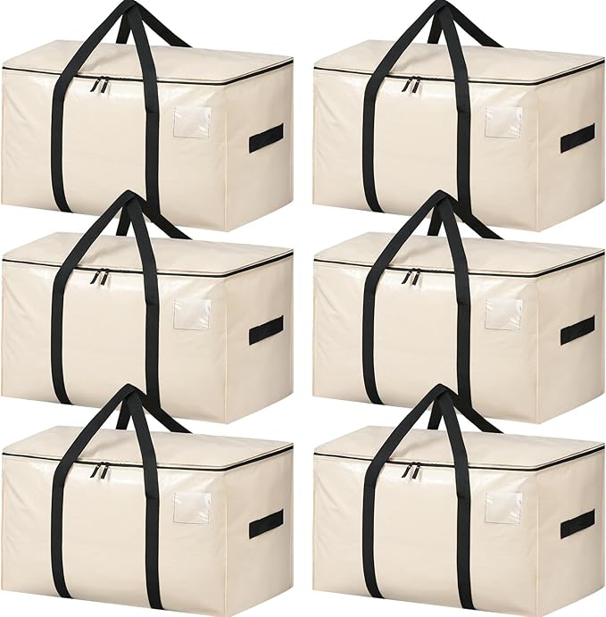 BAGAIL Heavy Duty Moving Bags with Strong Handle, Extra Large Moving Boxes, Storage Tote for Clothes, College Moving Supplies(Beige, 6 Pack)